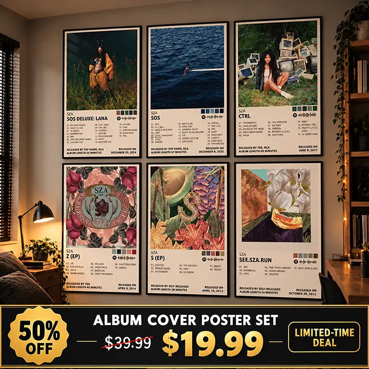 Six SZA posters displayed on a bedroom wall with a sale banner showing 50% off and a $19.99 price.