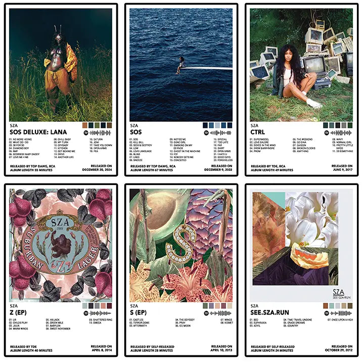 Six SZA album-inspired poster designs displayed together, including SOS, Ctrl, and SOS Deluxe: Lana.