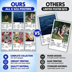 Comparison graphic showing the six-poster SZA collection beside a smaller poster selection.