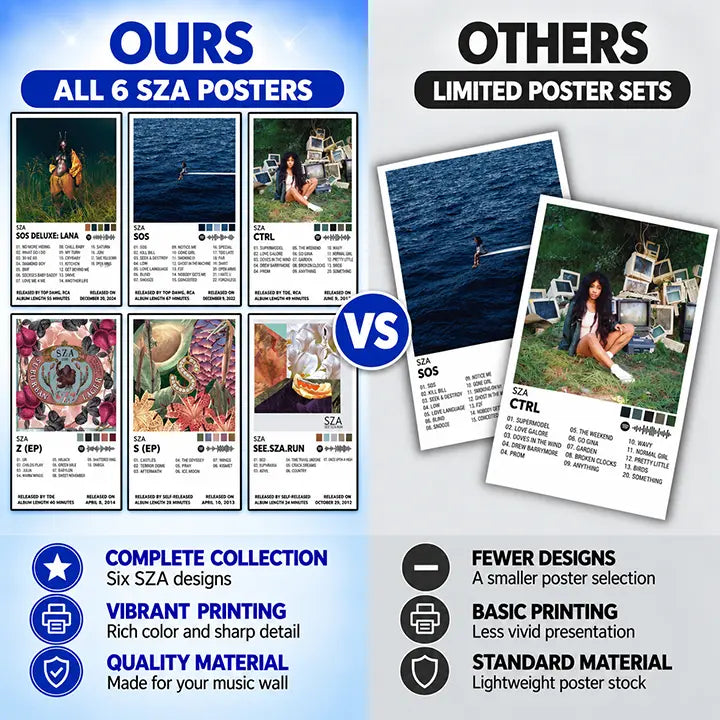 Comparison graphic showing the six-poster SZA collection beside a smaller poster selection.