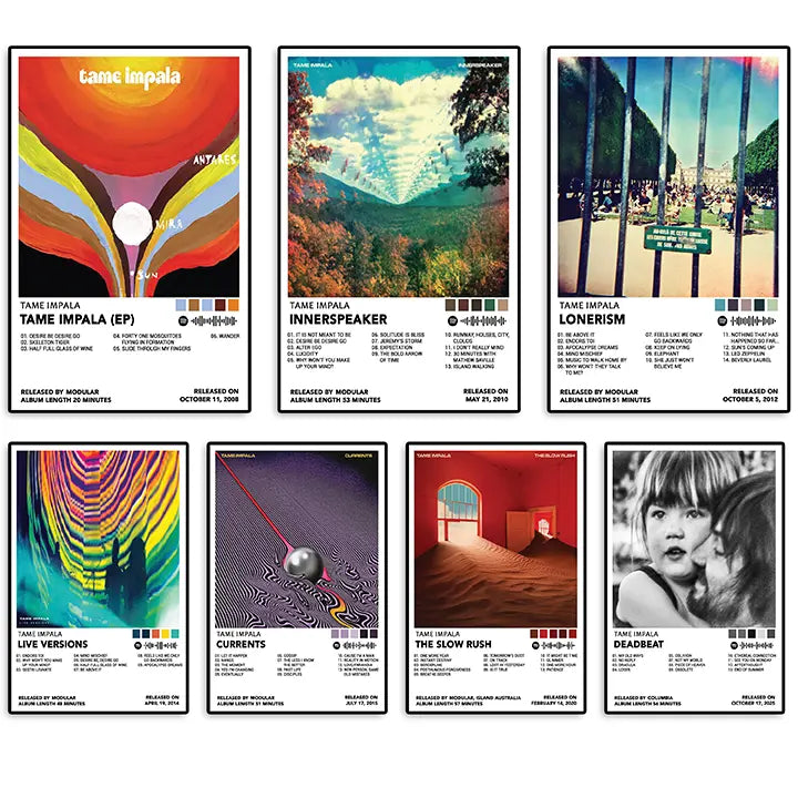 Seven Tame Impala album-inspired posters displayed together, including designs for Currents, Lonerism, and The Slow Rush.