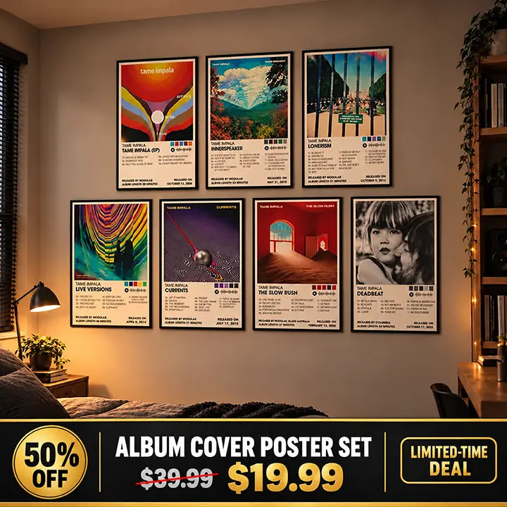 Tame Impala’s seven-poster album collection displayed on a bedroom wall with a 50% off banner showing a sale price of $19.99.