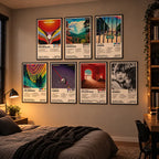 Seven framed Tame Impala album cover posters displayed on a bedroom wall above the bed.