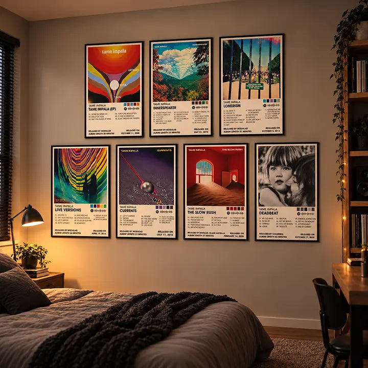 Seven framed Tame Impala album cover posters displayed on a bedroom wall above the bed.