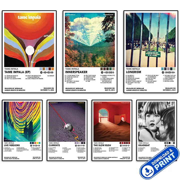 Seven framed Tame Impala album cover posters arranged above a sofa in a bright living room.