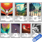 Seven framed Tame Impala album cover posters arranged above a sofa in a bright living room.