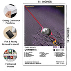 Close-up of the Tame Impala Currents poster with 8 × 12-inch dimensions, glossy cardstock finish, and details of the seven-poster set.