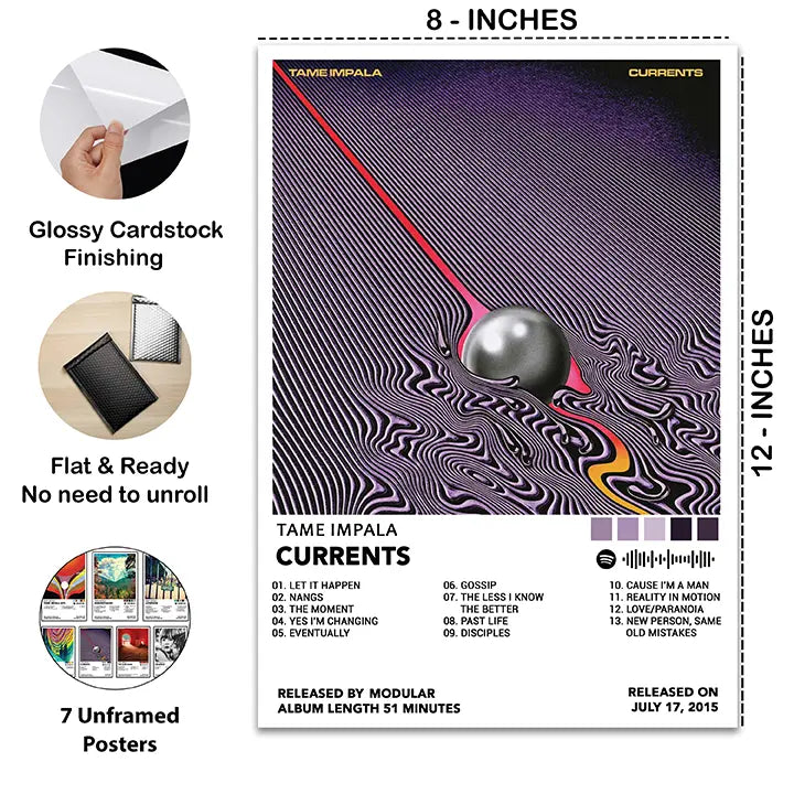 Close-up of the Tame Impala Currents poster with 8 × 12-inch dimensions, glossy cardstock finish, and details of the seven-poster set.