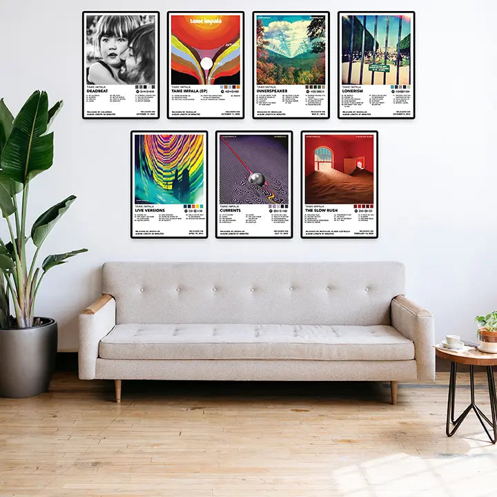 Seven Tame Impala album cover poster designs shown in a printable digital set with a download and print label.