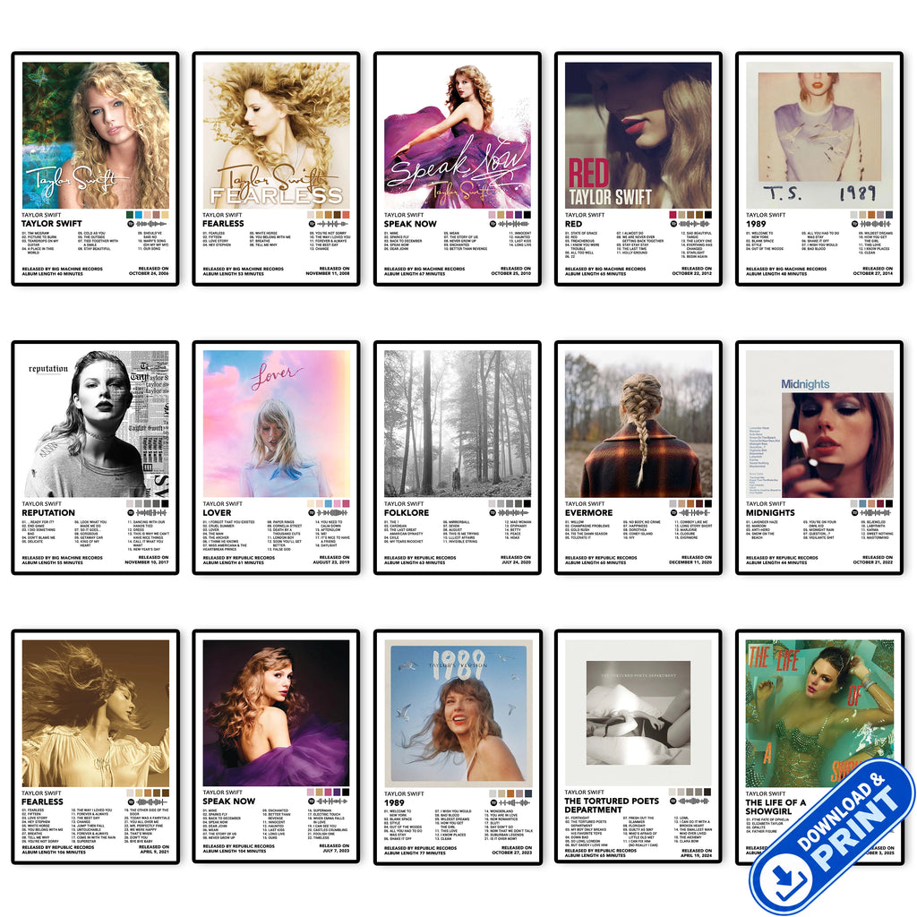 Collection of Taylor Swift album cover posters available as Ultra HD digital downloads for printable bedroom, dorm and music wall art.