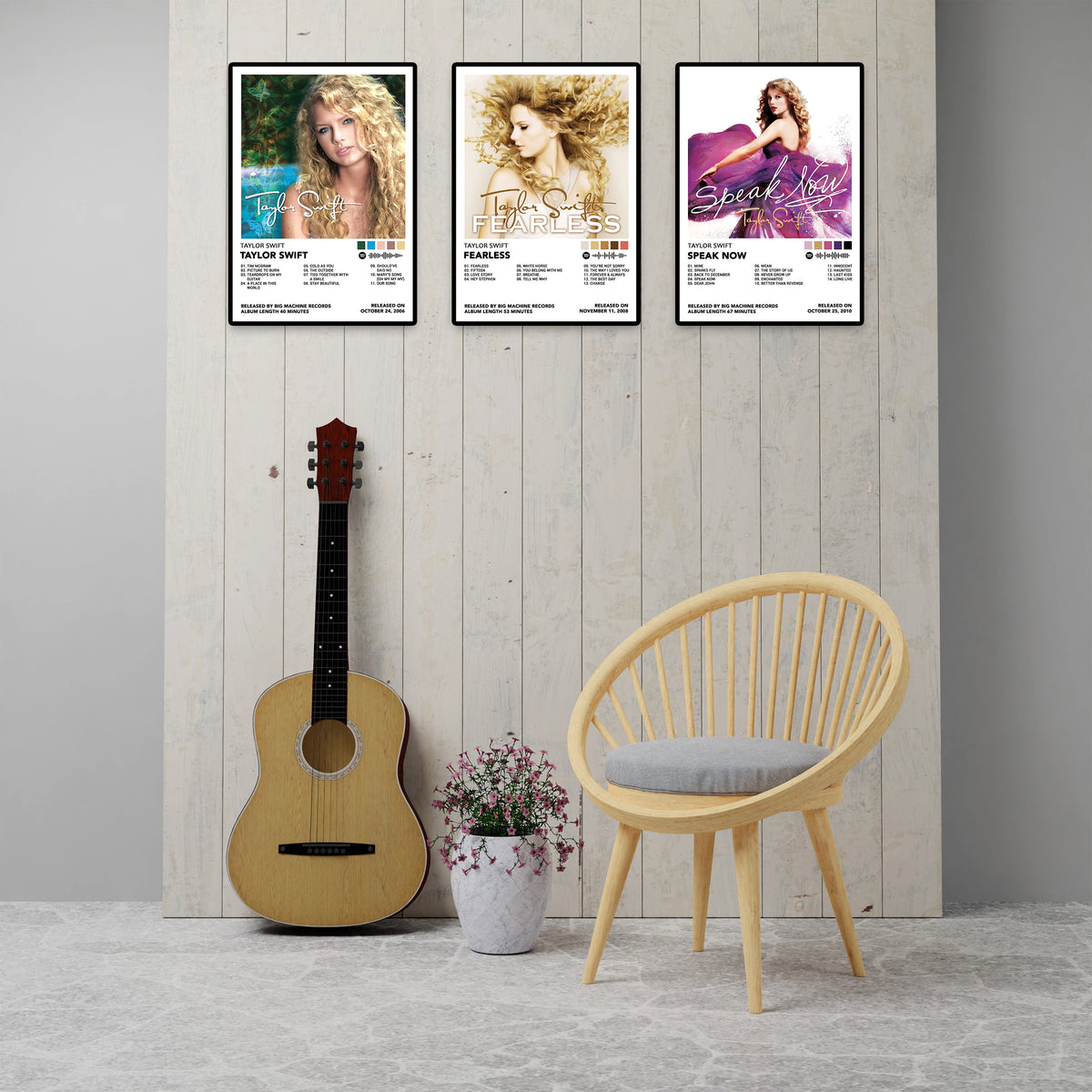 Six Taylor Swift album cover posters displayed above a modern sofa in a minimalist living room. Features Red, 1989, Reputation, Lover, Folklore, and Evermore album posters printed on premium 260 GSM glossy cardstock. Perfect Swiftie wall decor, bedroom decor, dorm room decoration, music room art, and Taylor Swift fan gifts.