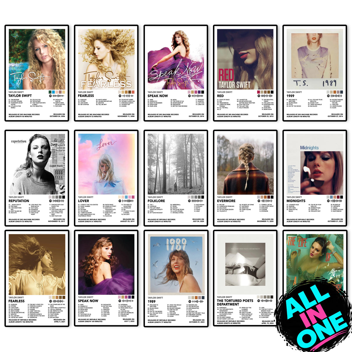 Taylor Swift 16 Album Cover Posters | 8" x 12" | Music Wall Art Collection