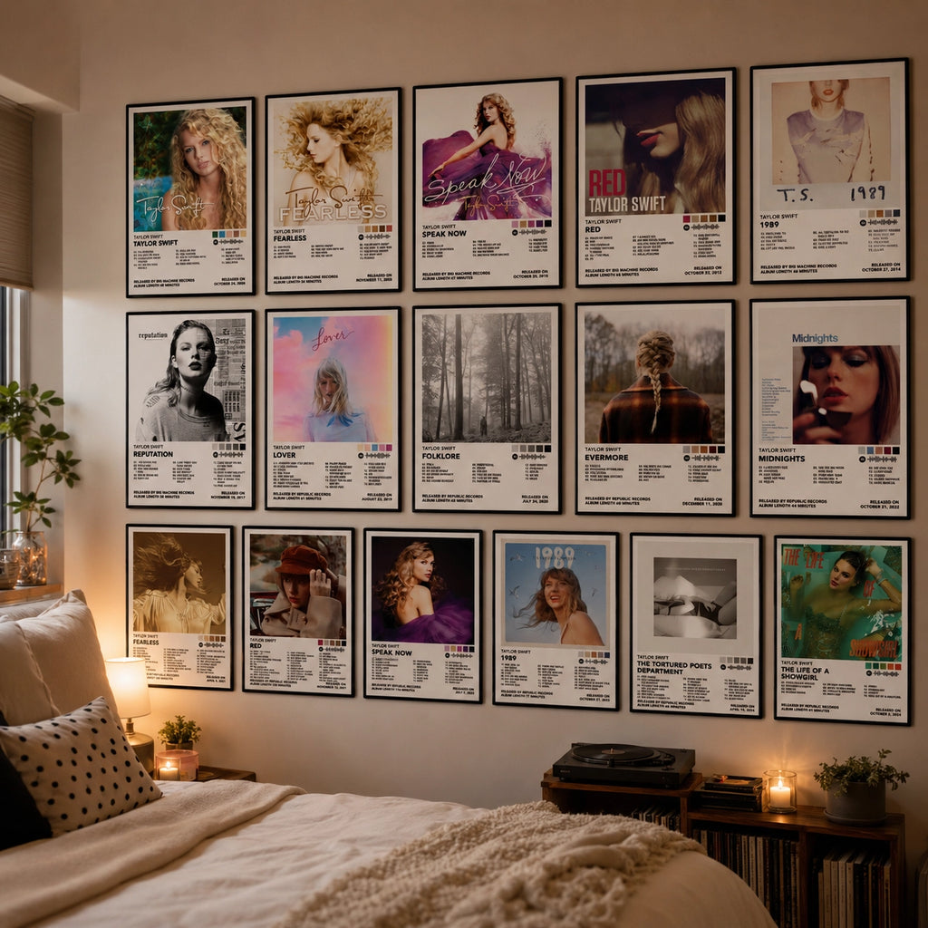 Complete Taylor Swift album poster collection displayed as a gallery wall in a cozy bedroom. Features 16 iconic Taylor Swift album cover posters including Taylor Swift, Fearless, Speak Now, Red, 1989, Reputation, Lover, Folklore, Evermore, Midnights, The Tortured Poets Department, and more. Premium 8x12 inch glossy cardstock wall art for Swiftie bedroom decor and music lovers.