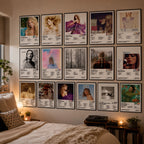 Complete Taylor Swift album poster collection displayed as a gallery wall in a cozy bedroom. Features 16 iconic Taylor Swift album cover posters including Taylor Swift, Fearless, Speak Now, Red, 1989, Reputation, Lover, Folklore, Evermore, Midnights, The Tortured Poets Department, and more. Premium 8x12 inch glossy cardstock wall art for Swiftie bedroom decor and music lovers.