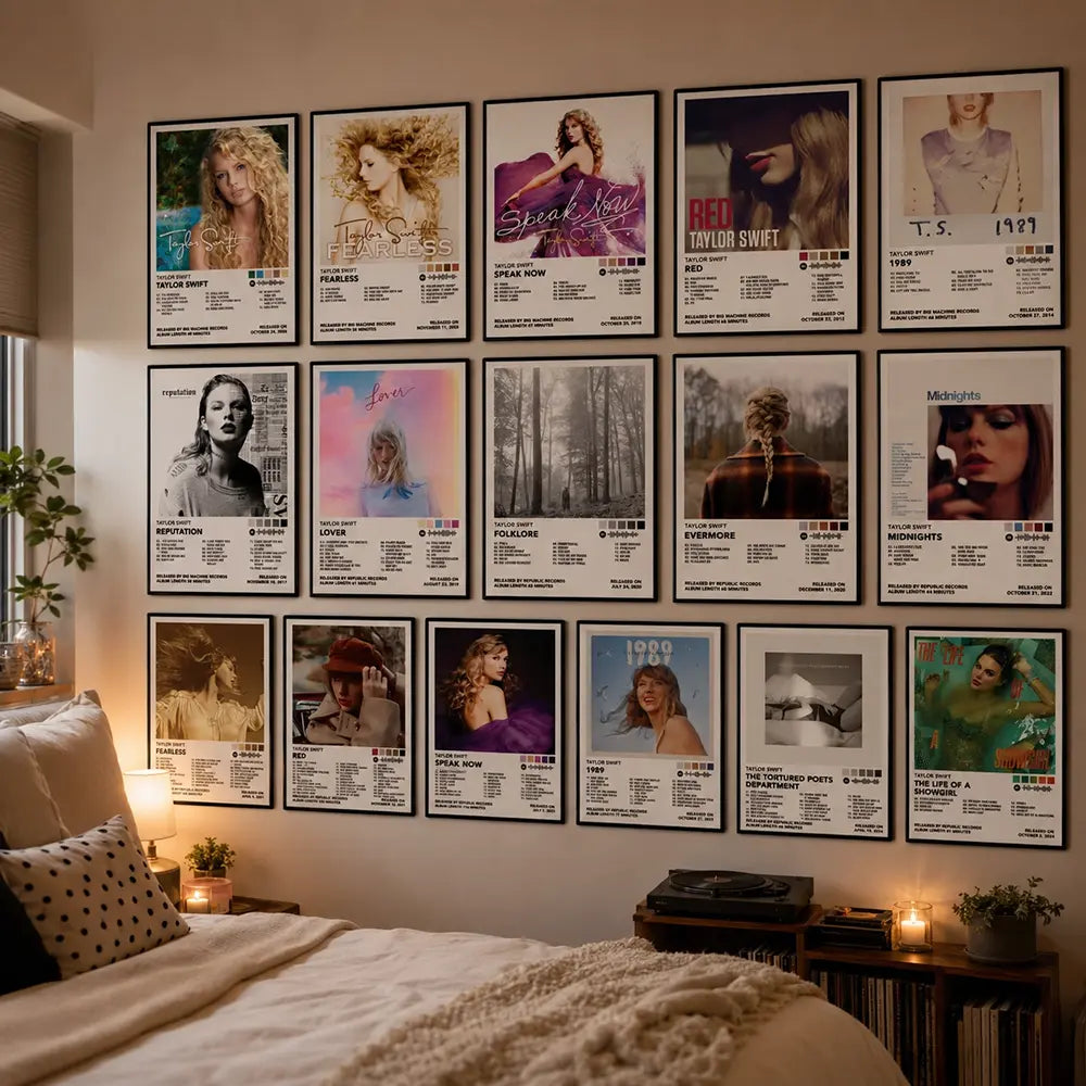 Complete 16-piece Taylor Swift album cover poster collection displayed as wall décor in a stylish room.