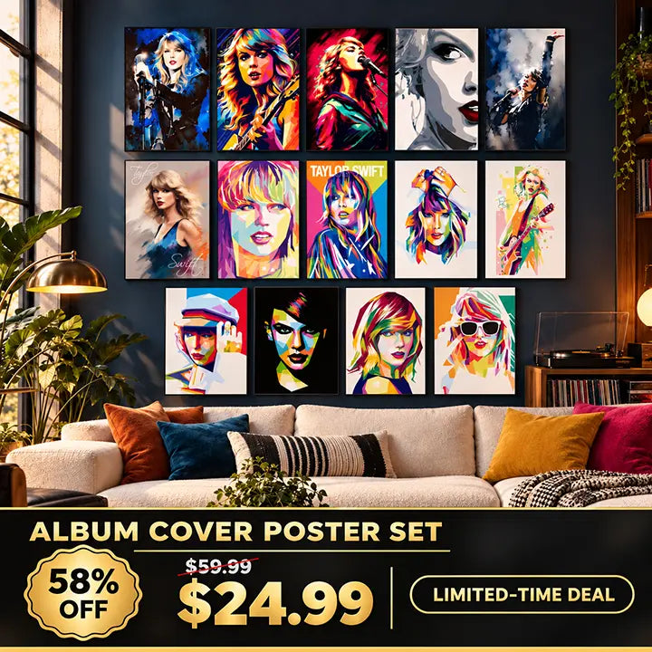 Taylor Swift poster collection displayed above a sofa with a 58% off promotional offer
