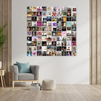 Taylor Swift poster collage displayed above an armchair in a bright living room