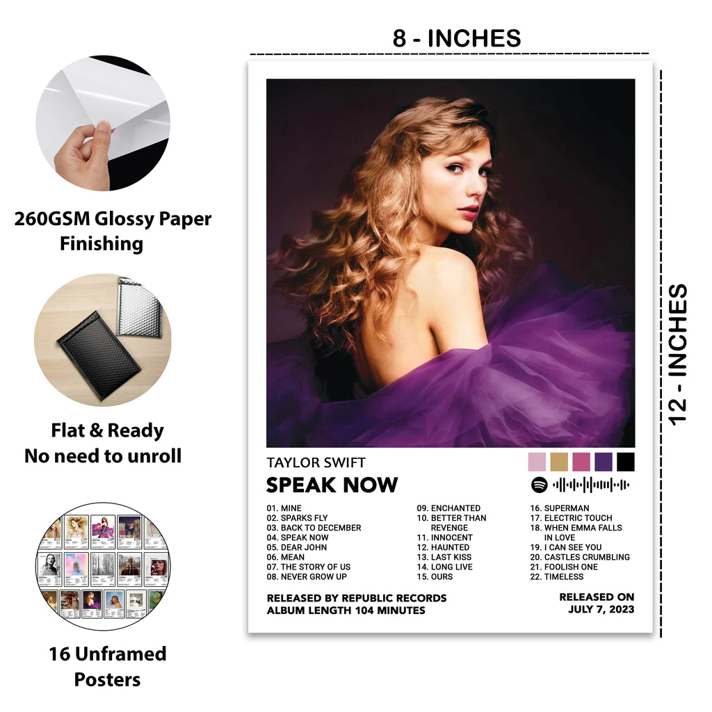 Taylor Swift Speak Now album poster measuring 8x12 inches, printed on premium 260 GSM glossy cardstock with vibrant colors and sharp details. Part of a complete 16-poster Taylor Swift album collection, perfect for Swiftie bedroom, dorm, living room, or music studio wall decor.