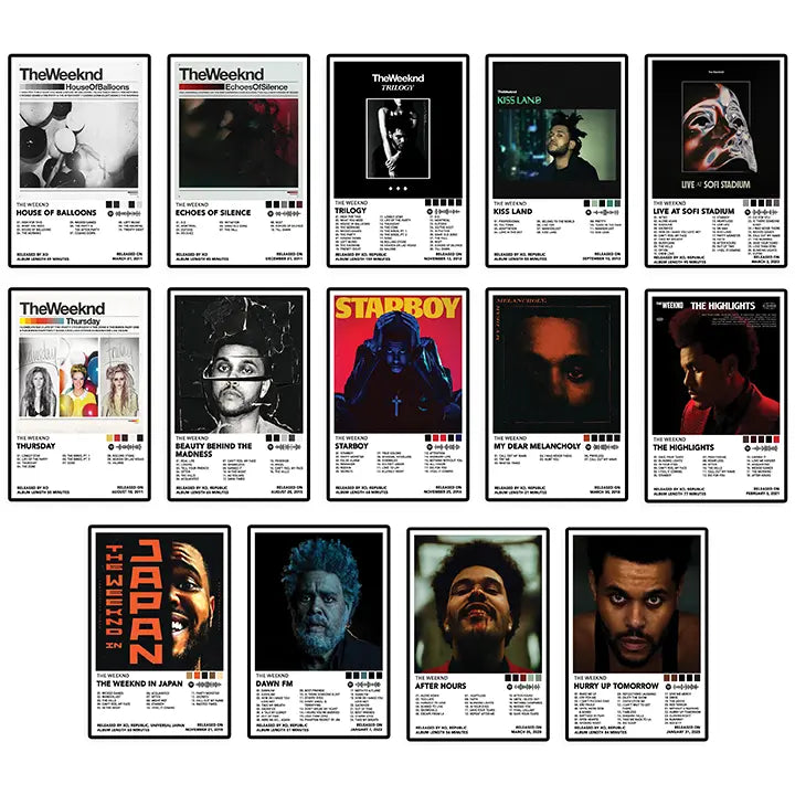 All 14 The Weeknd album cover posters shown together, including House of Balloons, Kiss Land, Starboy, and After Hours.