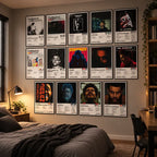 The Weeknd’s 14 album cover posters arranged in a grid on a bedroom wall.