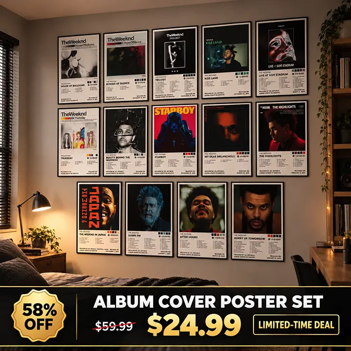 The Weeknd poster collection displayed on a bedroom wall with a limited-time deal banner showing 58% off.