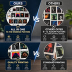 Comparison graphic showing the 14-poster collection’s curated selection, print quality, and materials alongside other poster sets.