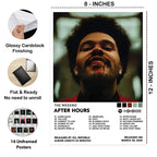 Close-up of The Weeknd’s After Hours poster, with 8 × 12 inch size, glossy cardstock finish, and details of the 14-poster set