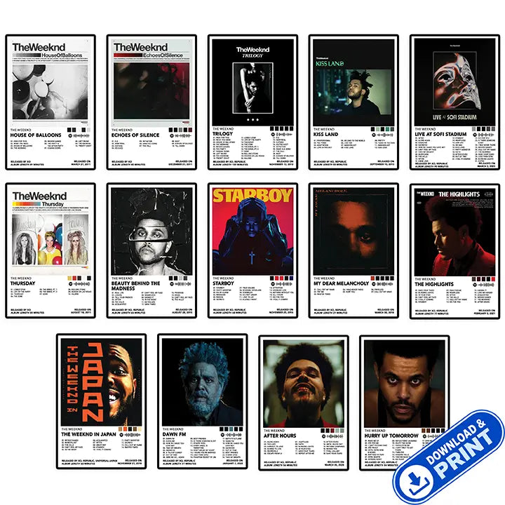 Printable digital set of 14 The Weeknd album cover poster designs, shown in a collage with a download and print label.