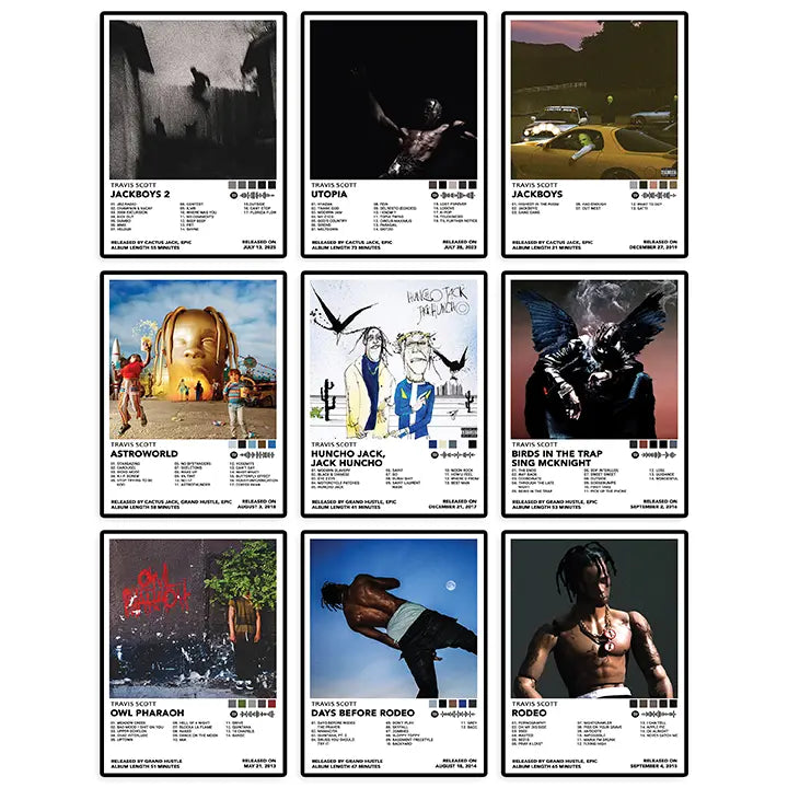 Nine Travis Scott album-inspired poster designs displayed together, including Astroworld, Utopia, and Rodeo.
