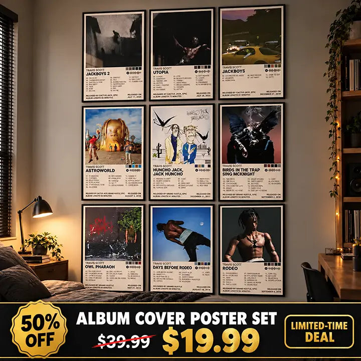 Travis Scott posters displayed on a bedroom wall with a limited-time banner showing 50% off.