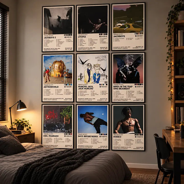 Nine framed Travis Scott album cover posters arranged in a three-by-three grid on a cozy bedroom wall.