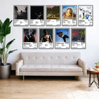 Nine framed Travis Scott album cover posters displayed above a sofa in a bright living room.