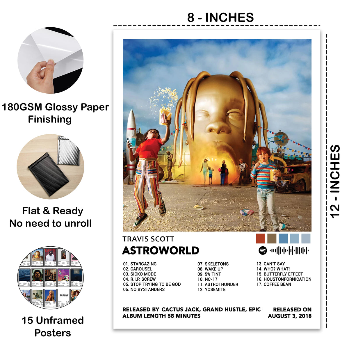 Travis Scott Astroworld 8x12 inch album poster from the Heavy Hitters Top 15 collection, printed on 180 GSM glossy paper and supplied flat and unframed for bedroom, dorm, studio, or music wall decor.