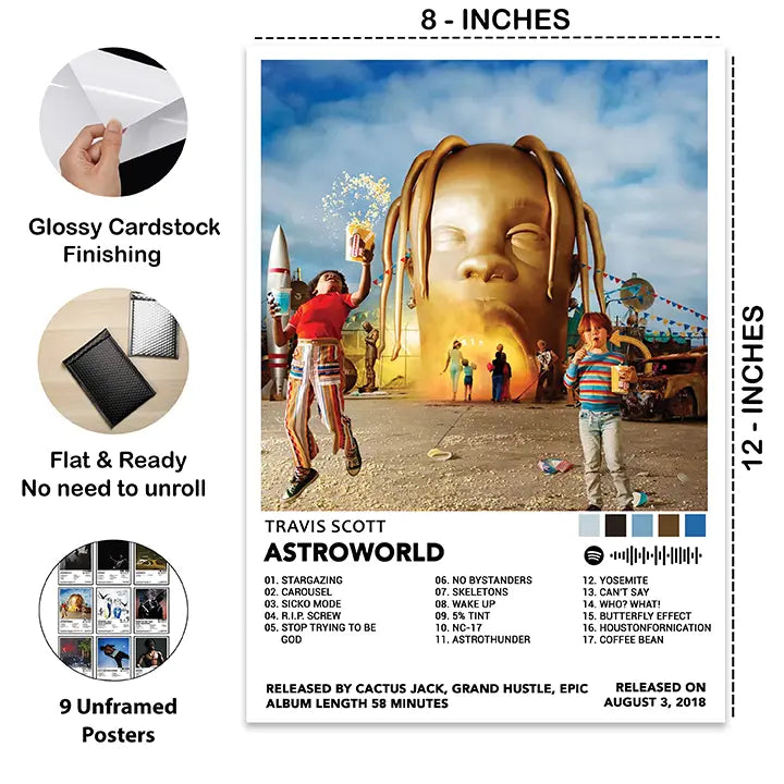 Close-up of the Travis Scott Astroworld poster with 8 × 12-inch dimensions, glossy cardstock finish, and details of the 9-poster set.