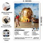 Close-up of the Travis Scott Astroworld poster with 8 × 12-inch dimensions, glossy cardstock finish, and details of the 9-poster set.