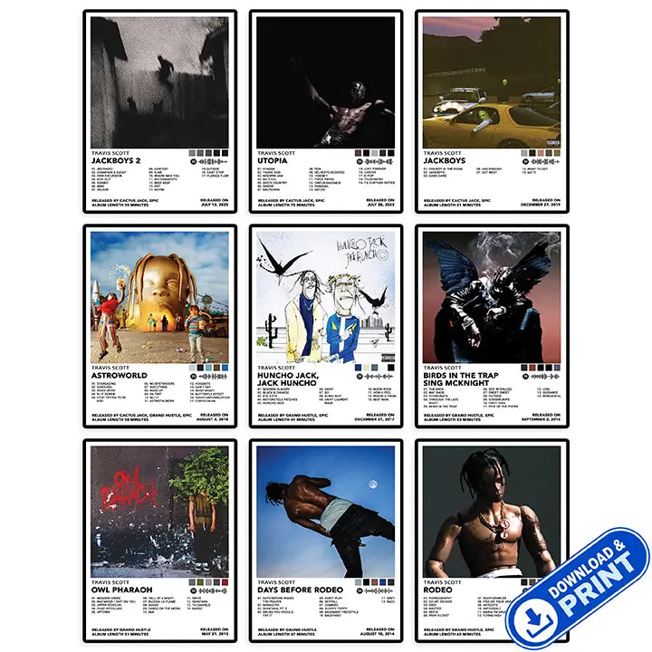 Printable digital set of nine Travis Scott album cover poster designs shown in a collage with a download and print label.