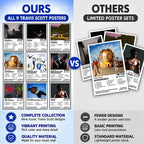 Comparison graphic showing the nine-poster Travis Scott collection beside a smaller poster selection.
