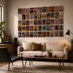 Living room decorated with a vintage rock concert poster wall featuring classic music legends including AC/DC, Queen, Bob Dylan, Jimi Hendrix, Elvis Presley, and Led Zeppelin, creating retro music-inspired home decor.