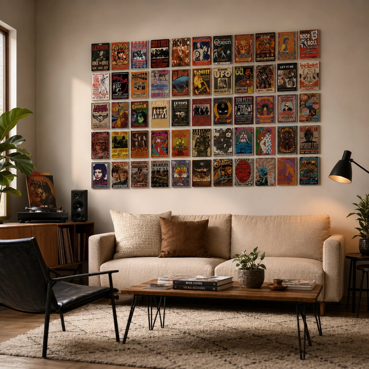 Living room decorated with a vintage rock concert poster wall featuring classic music legends including AC/DC, Queen, Bob Dylan, Jimi Hendrix, Elvis Presley, and Led Zeppelin, creating retro music-inspired home decor.