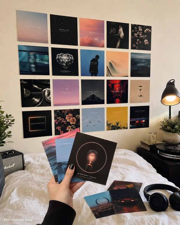 Customer holding square music prints in a bedroom.
