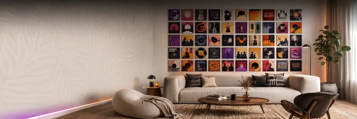 `Modern living room featuring a large grid of music-inspired square wall art above a neutral sofa, with warm ambient lighting and contemporary decor.`