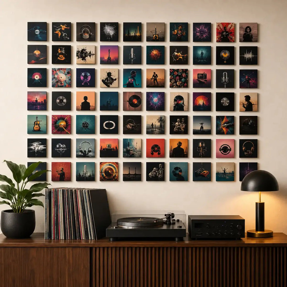 Music room wall featuring a large grid of square album-inspired art above a turntable, vinyl record collection, stereo, lamp, and indoor plant.